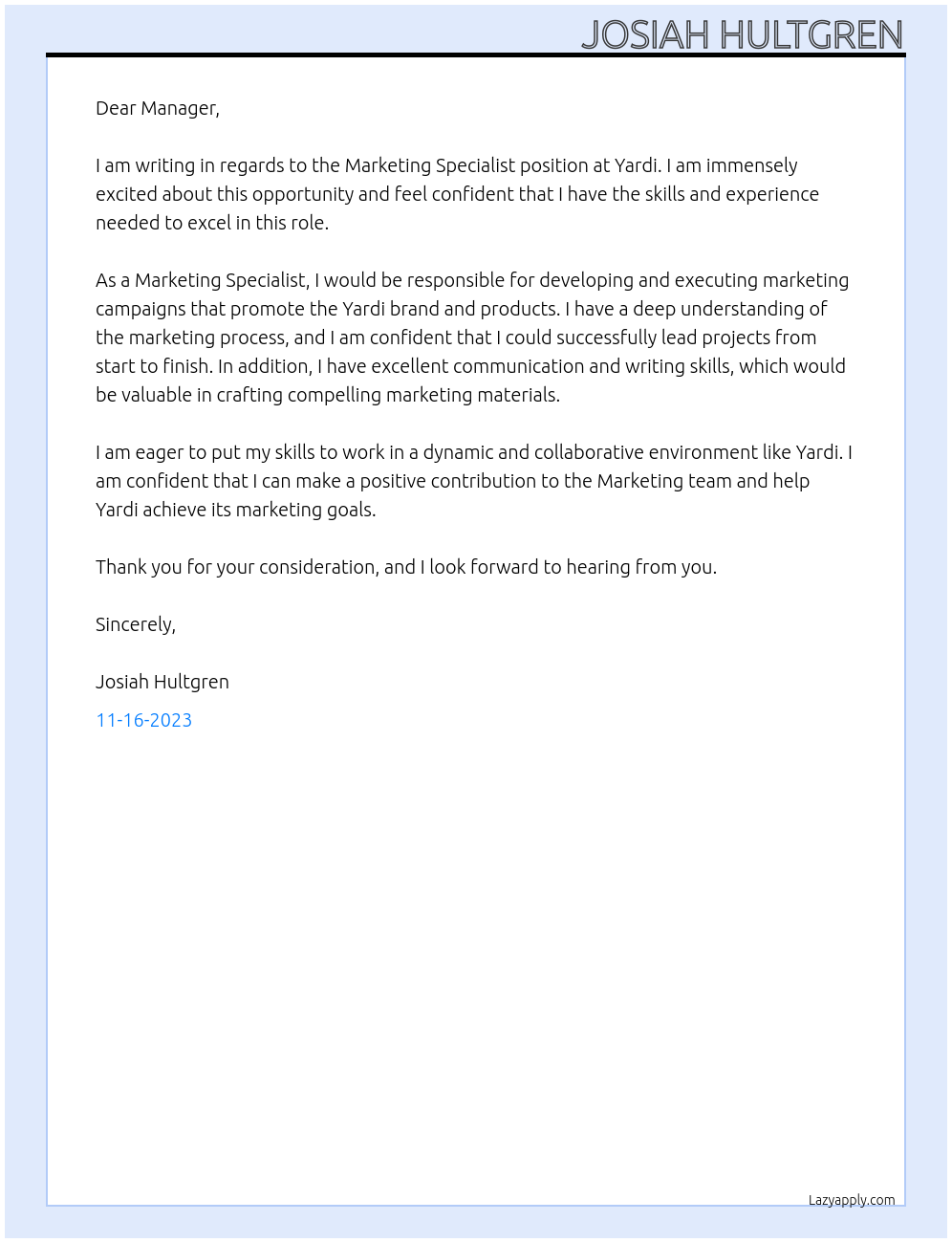 Marketing Specialist At Yardi Cover Letter