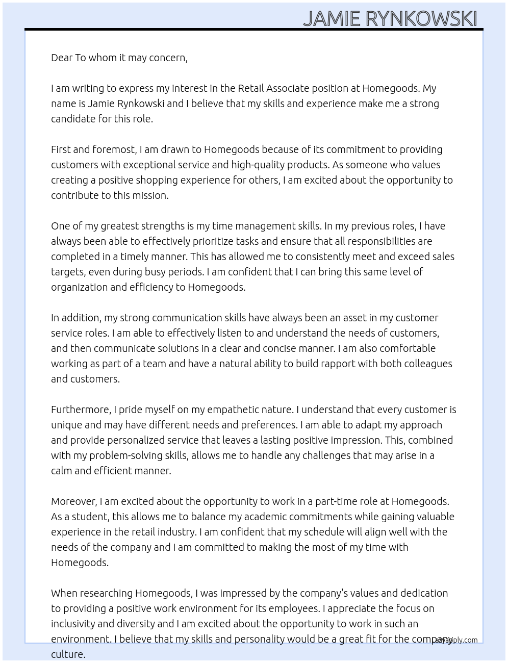 Retail associate  At Homegoods  Cover Letter