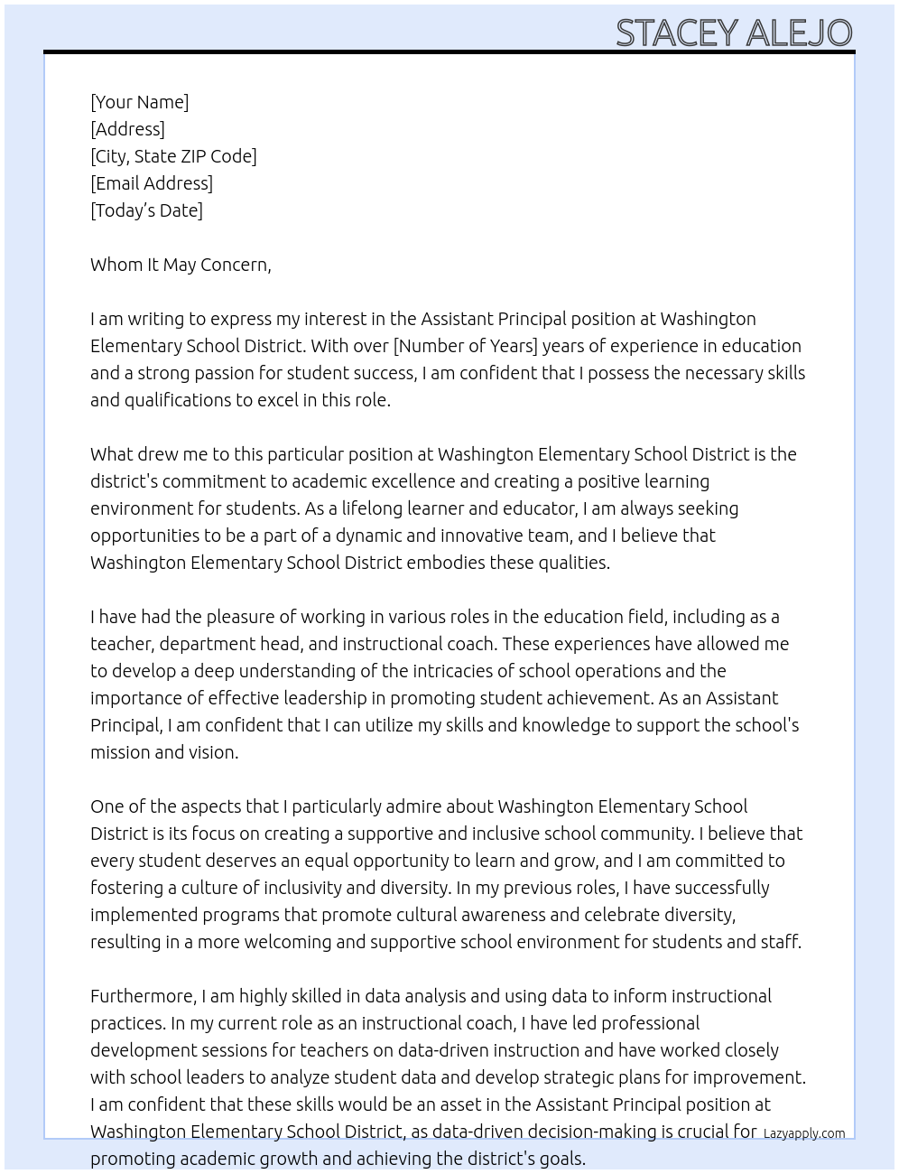 Assistant Principal At Washington Elementary School District Cover Letter
