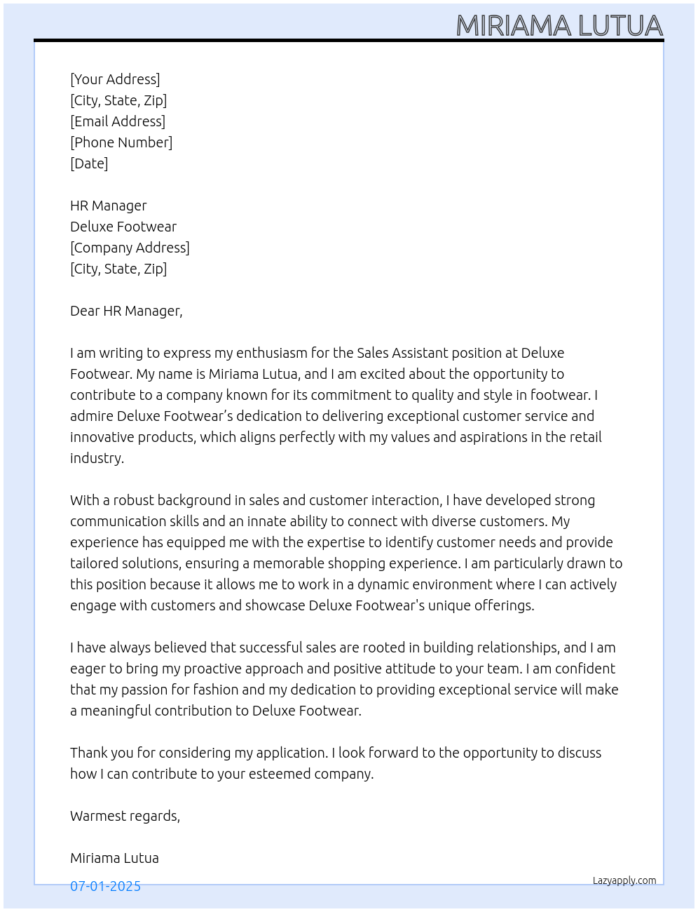 Sales Assistant At Deluxe Footwear Cover Letter