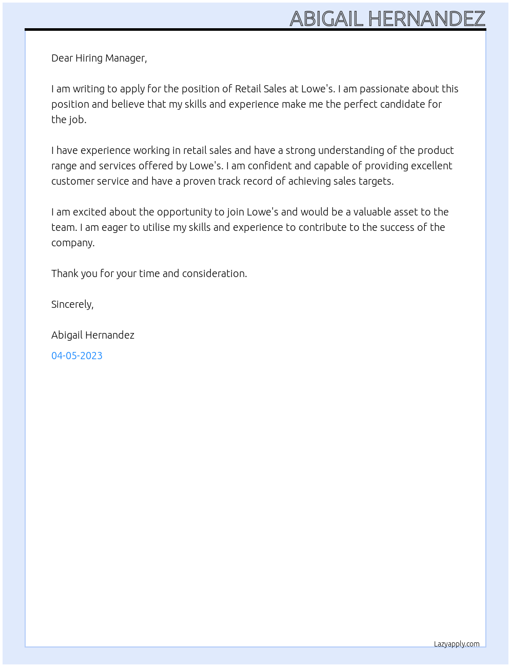 Retail Sales At Lowe's Cover Letter