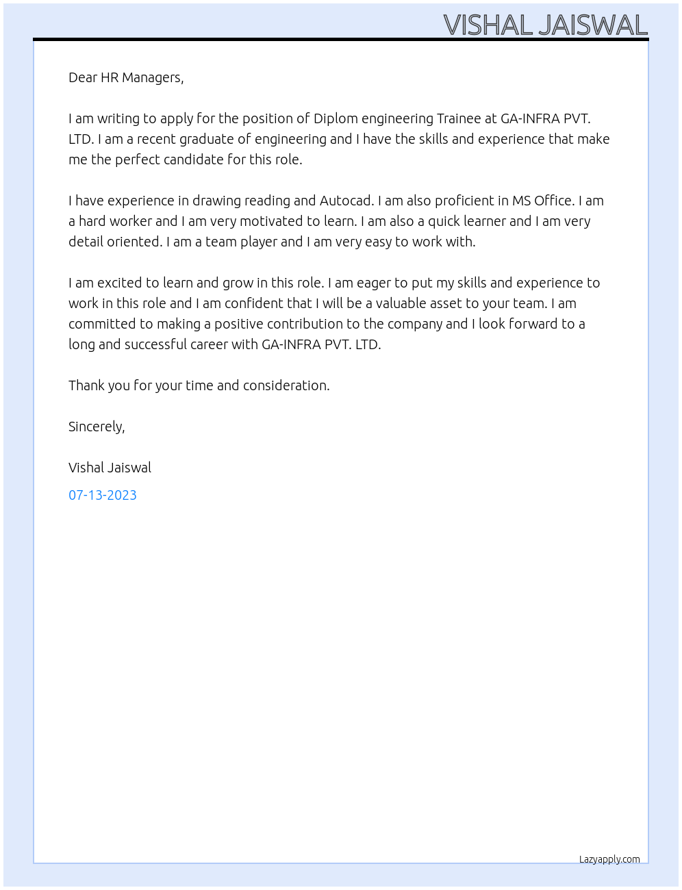 DIPLOMA ENGINEERING TRAINEE At GA-INFRA PVT. LDT. Cover Letter