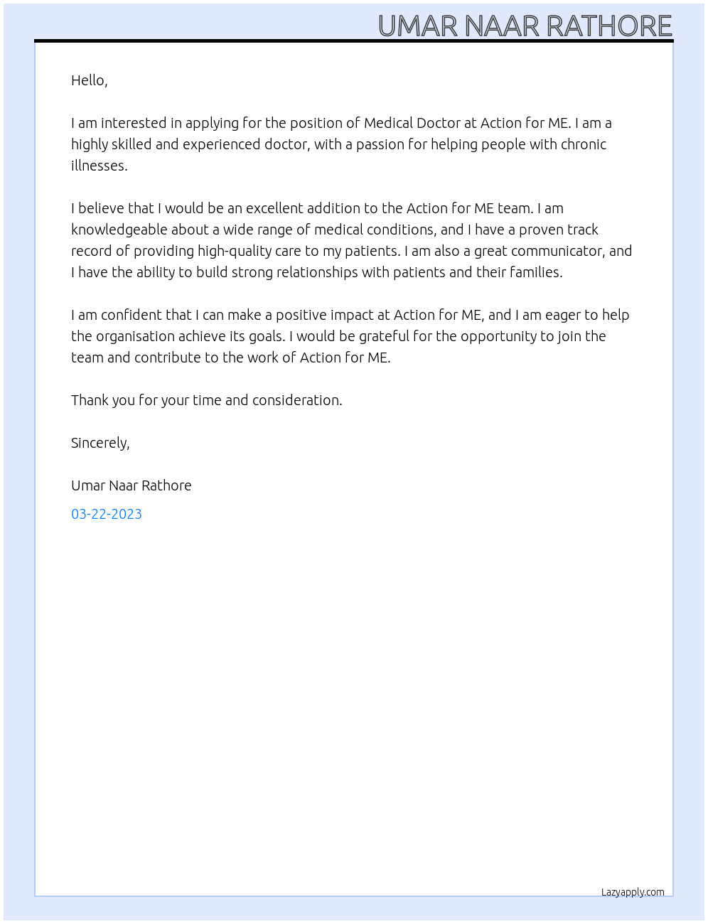 Medical Doctor At Action for ME Cover Letter