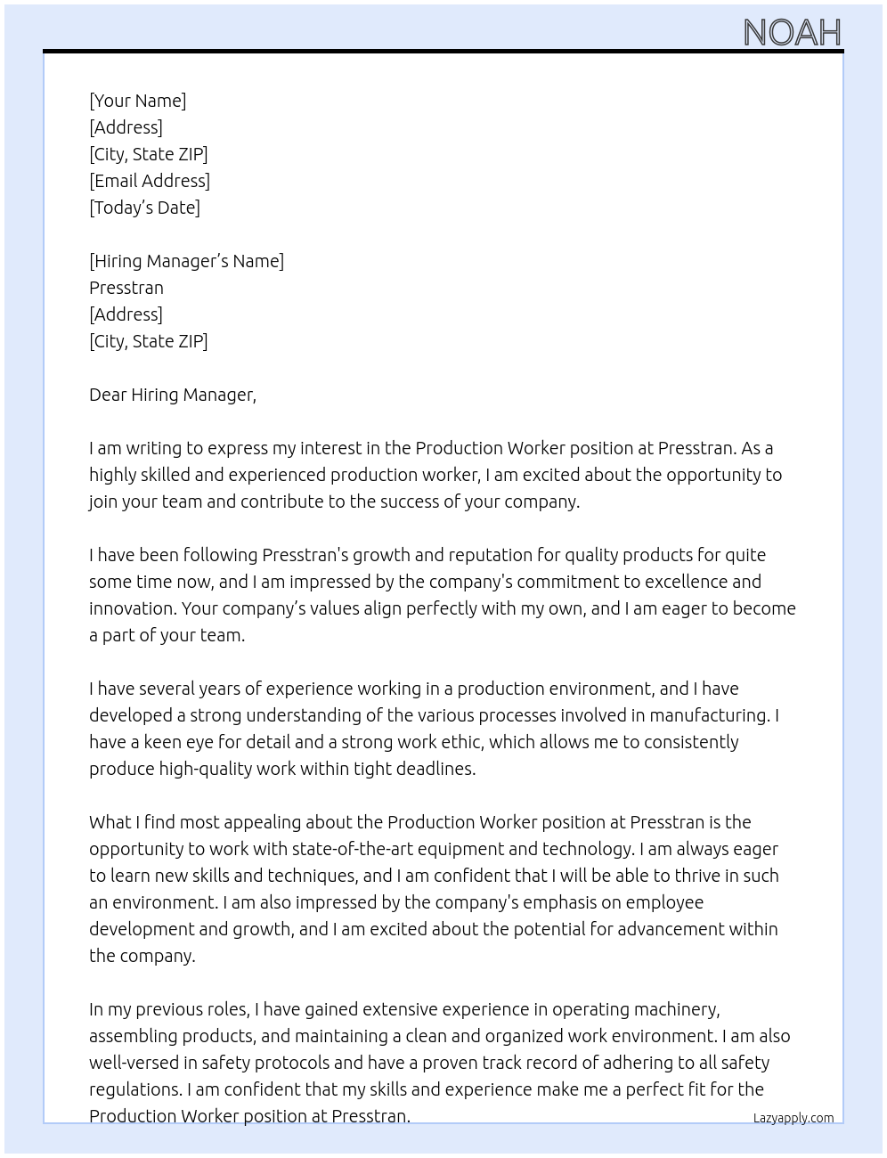 Production Worker At Presstran Cover Letter