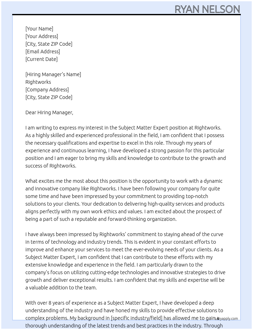 Subject Matter Expert At Rightworks Cover Letter