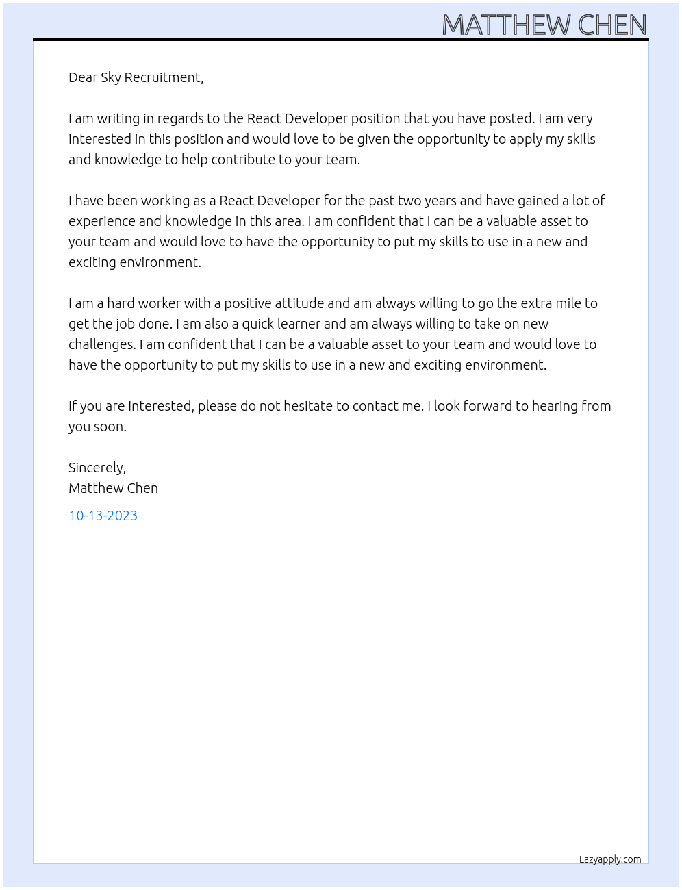React Developer At Sky Recruitment Cover Letter