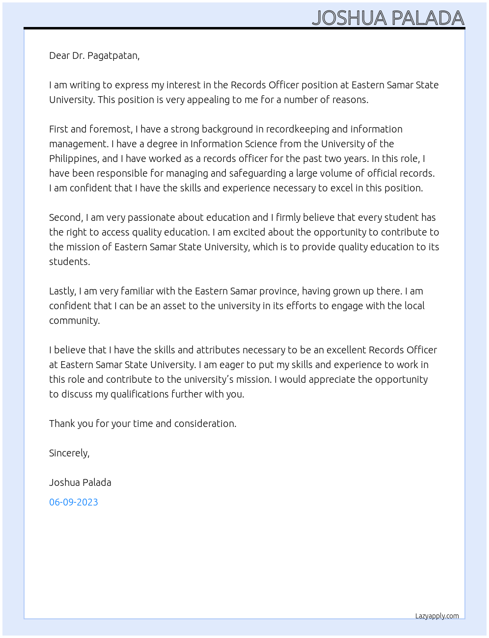 Records Officer At Eastern Samar State University Cover Letter