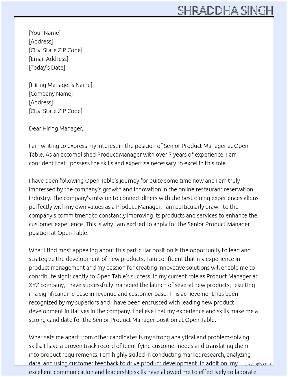 Senior Product Manager At Open Table Cover Letter