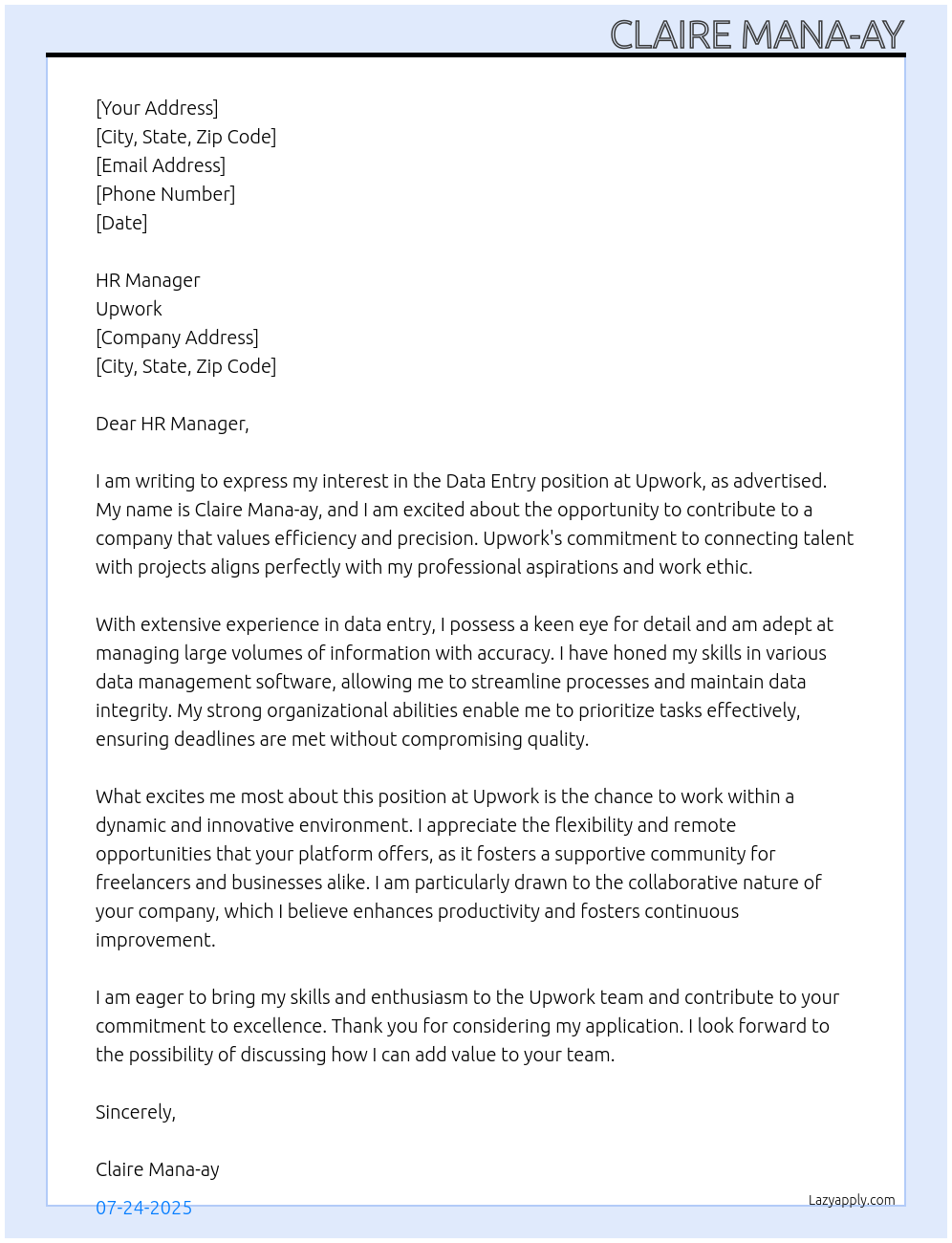 data entry At upwork Cover Letter