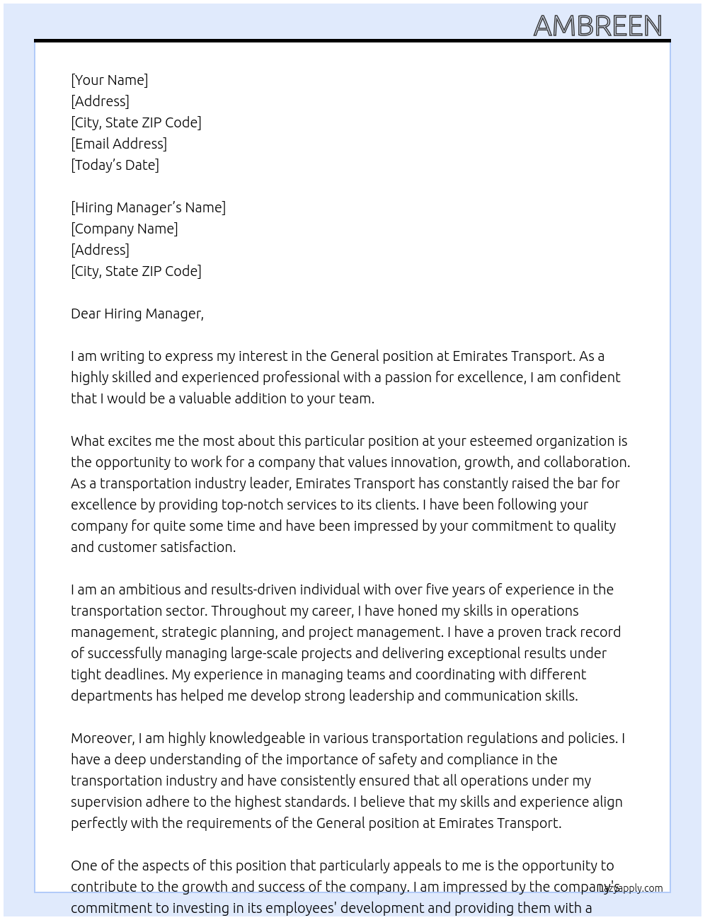 general At emirates transport Cover Letter