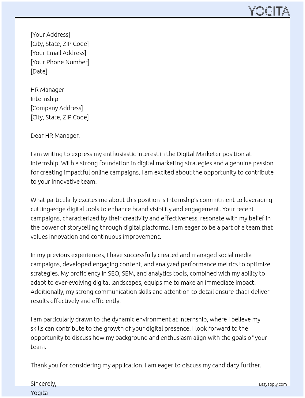 Cover letter for digital marketer - LazyApply