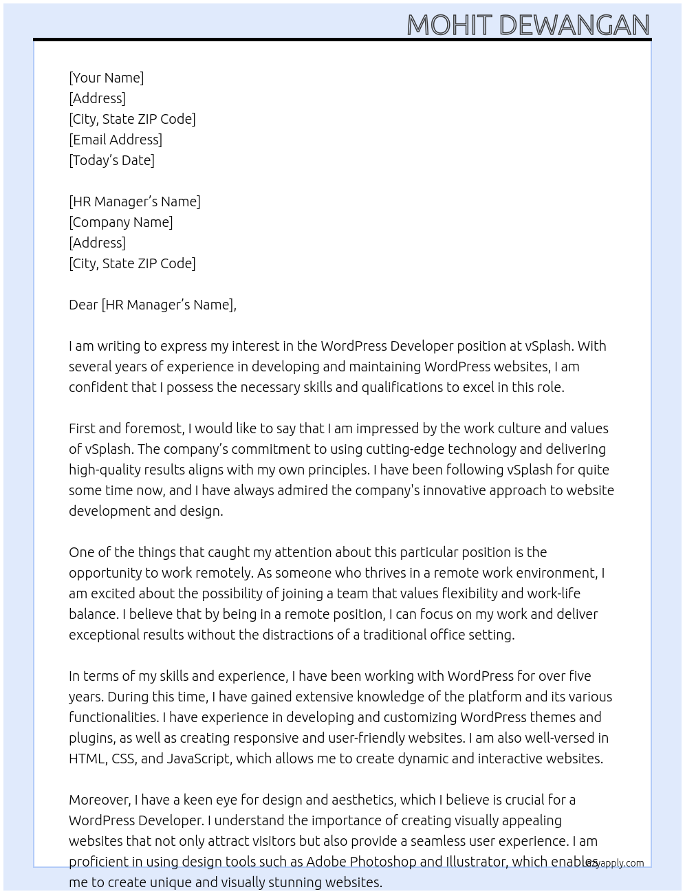 Wordpress Developer At vSplash Cover Letter