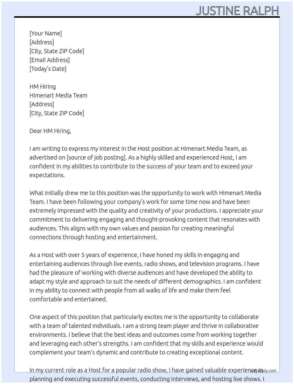 Host At Himenart Media Team Cover Letter