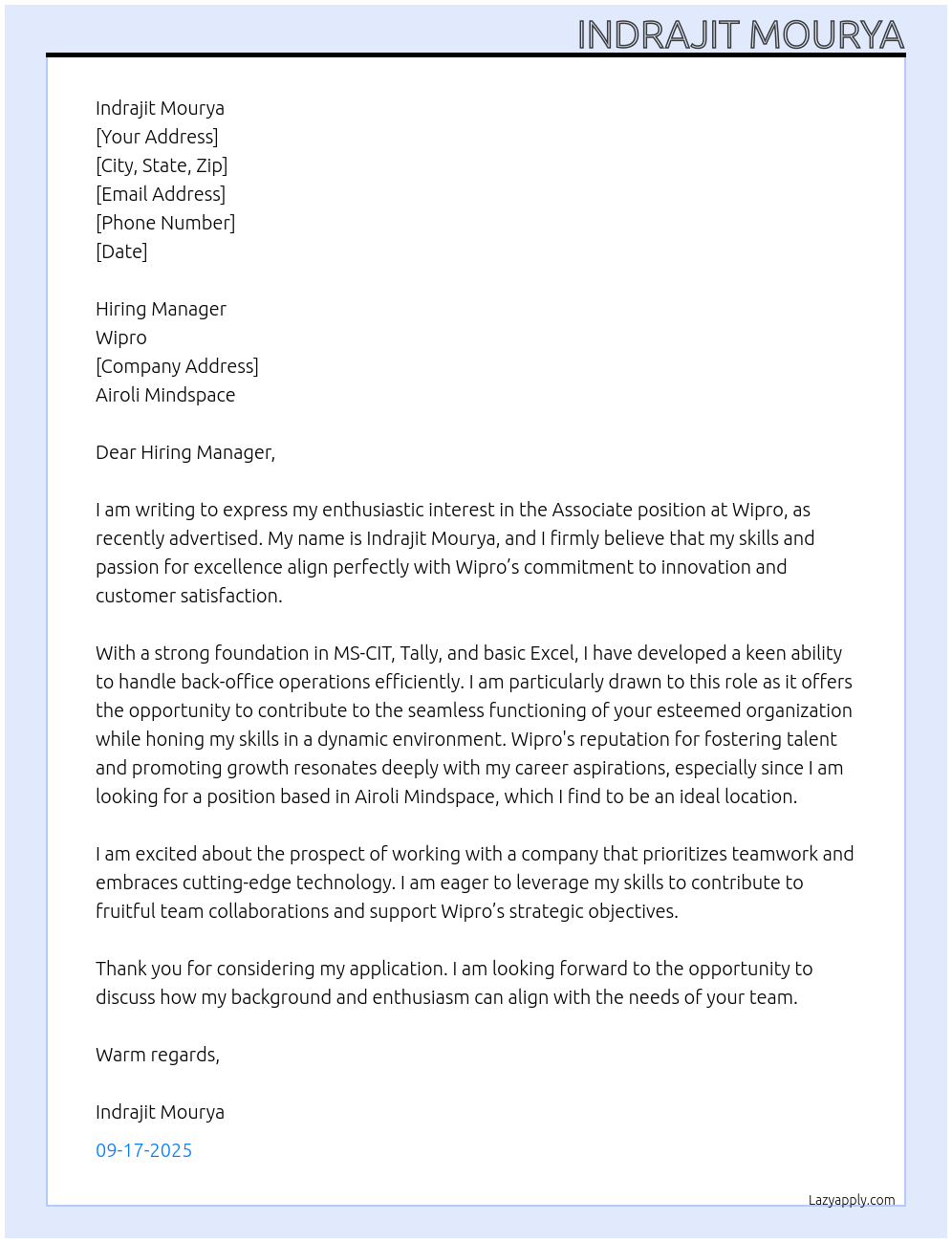 Associate At Wipro Cover Letter