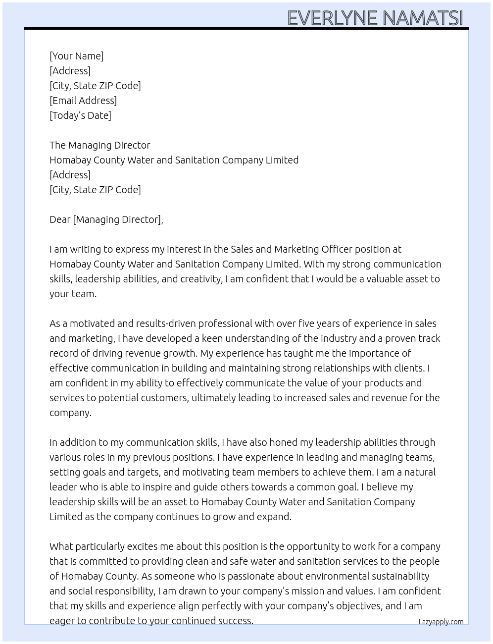 Sales and marketing officer At Homabay County Water and Sanitation company limited Cover Letter