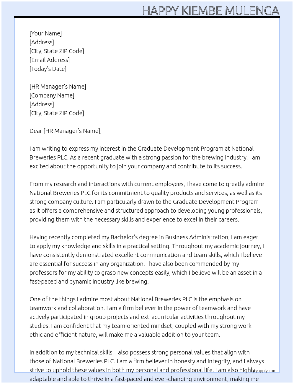 Graduate development program At National Breweries PLC Cover Letter