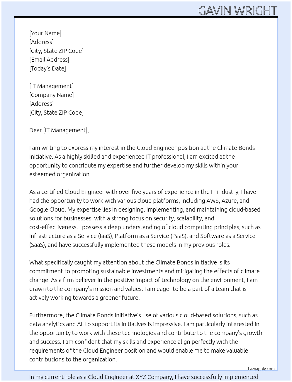 Cloud Engineer At Climate Bonds Initiative Cover Letter