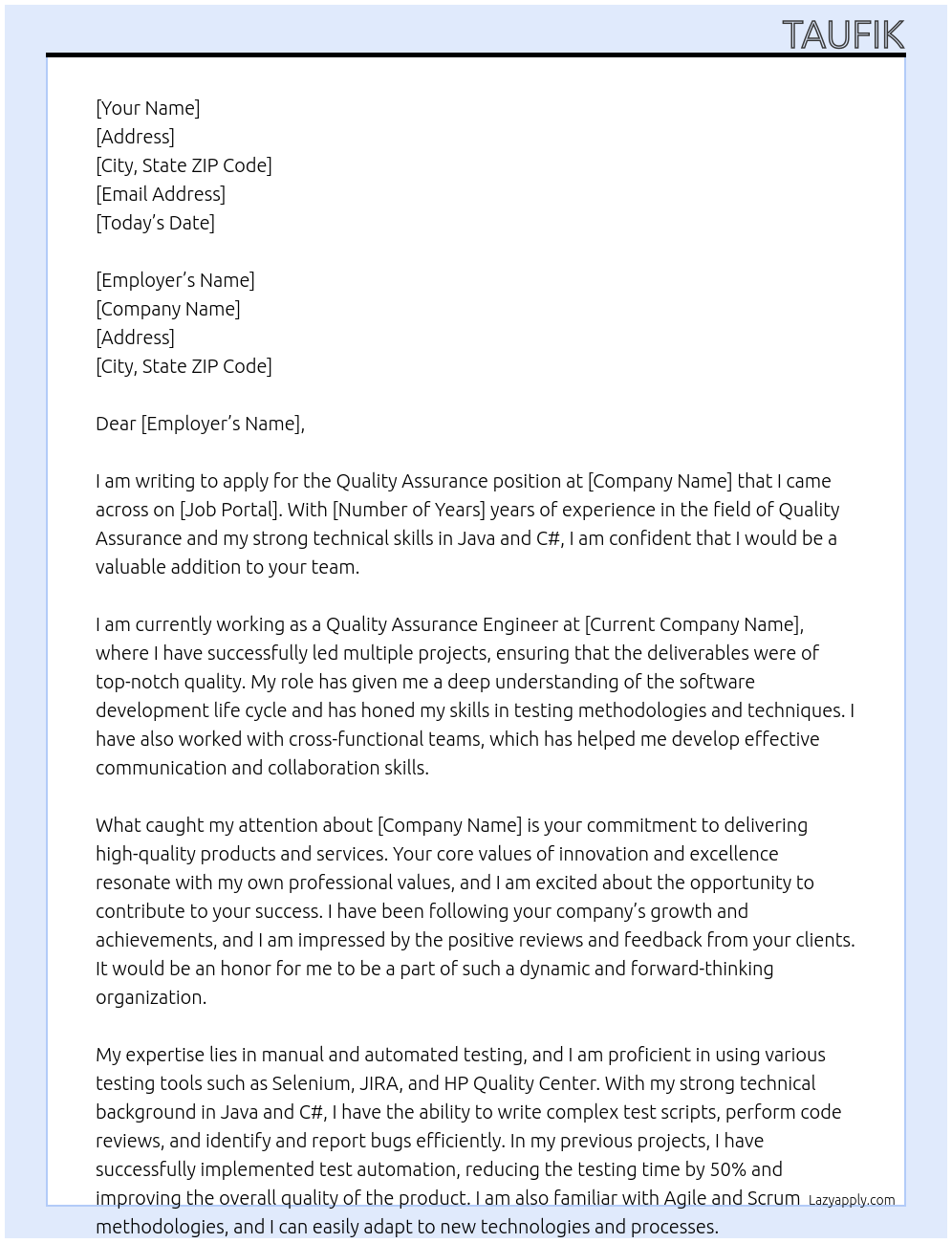 Quality Assurance At Freelancing Cover Letter