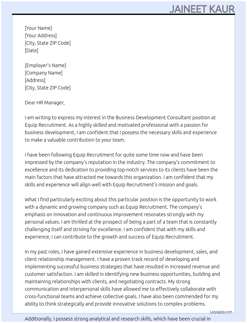 Business Development Consultant At Equip Recruitment Cover Letter