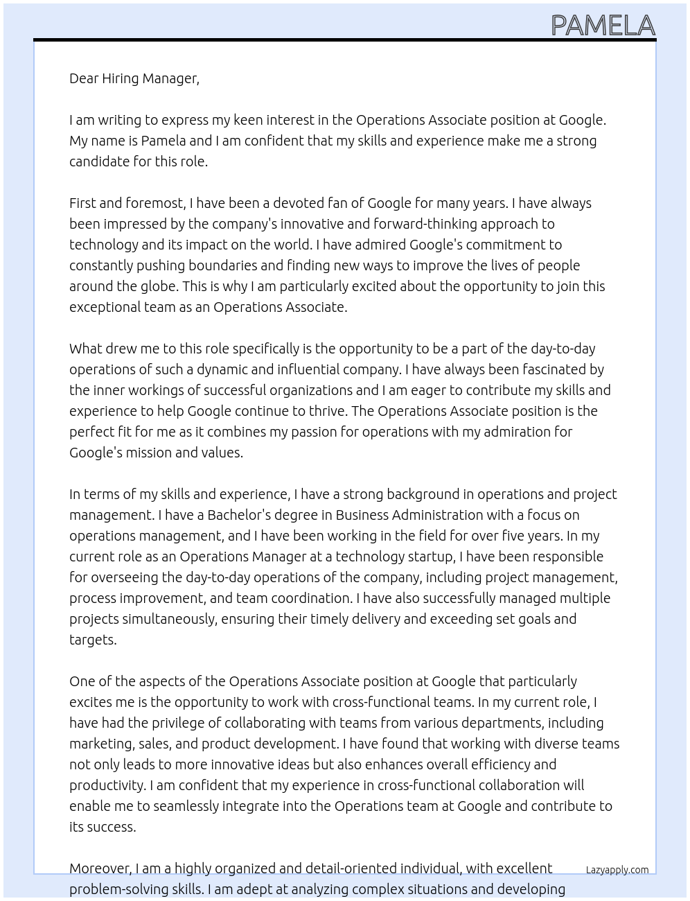 Operations Associate At Google Cover Letter