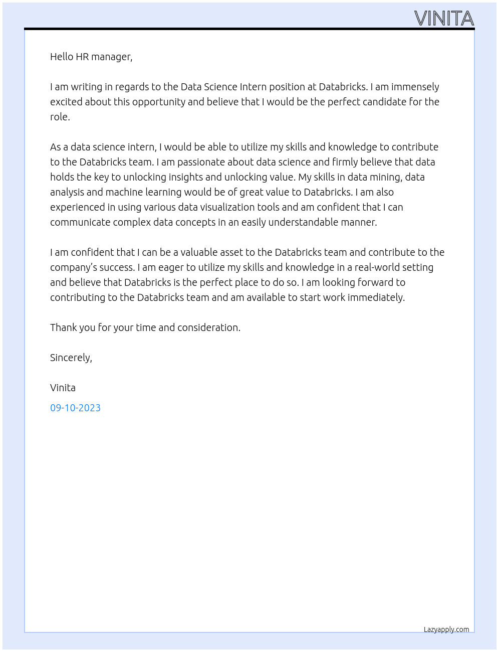 Data Science Intern At databricks Cover Letter