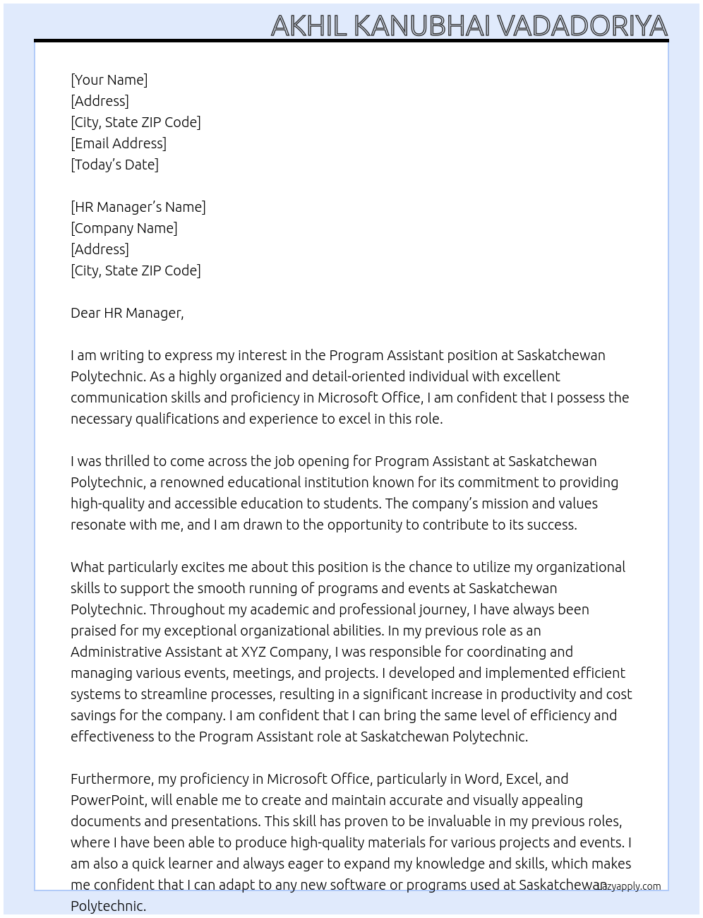 Program Assistant At Saskatchewan Polytechnic Cover Letter