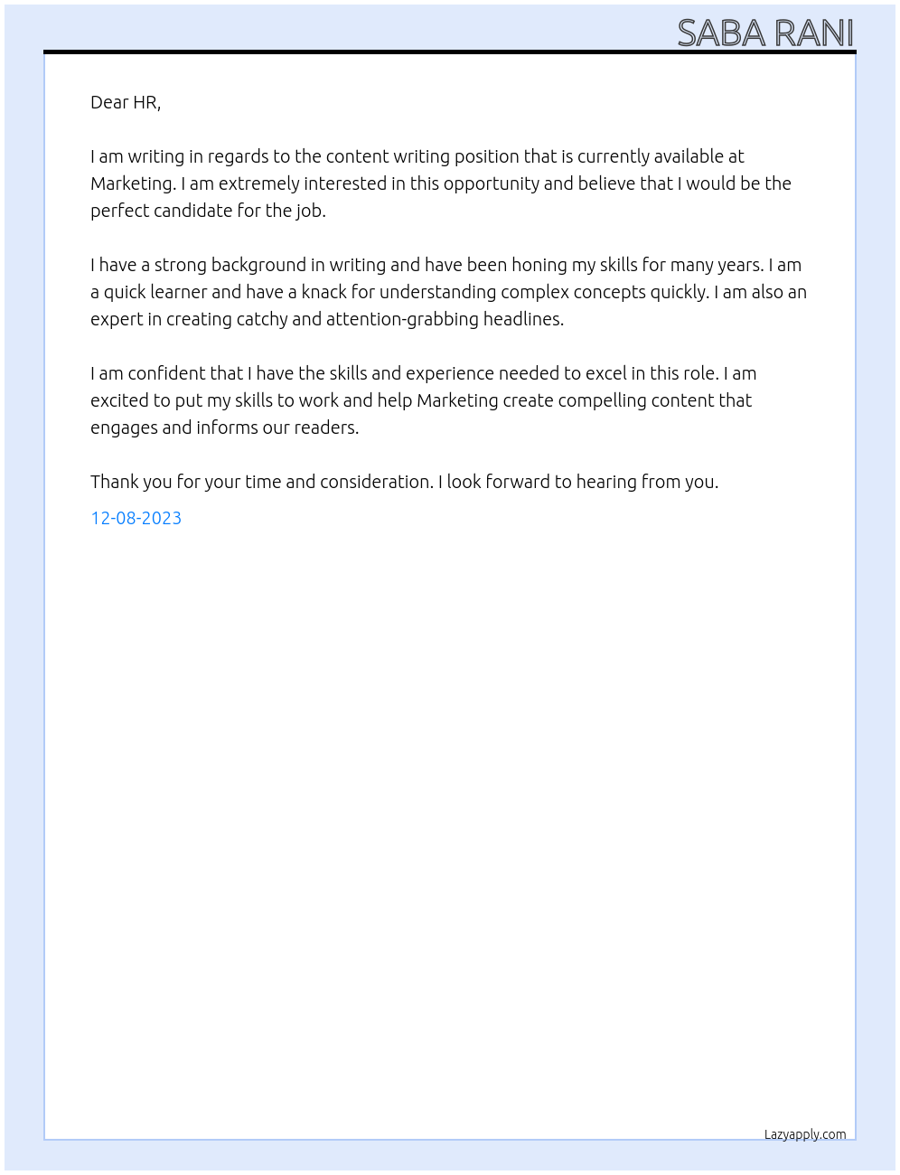 content writing At marketing Cover Letter