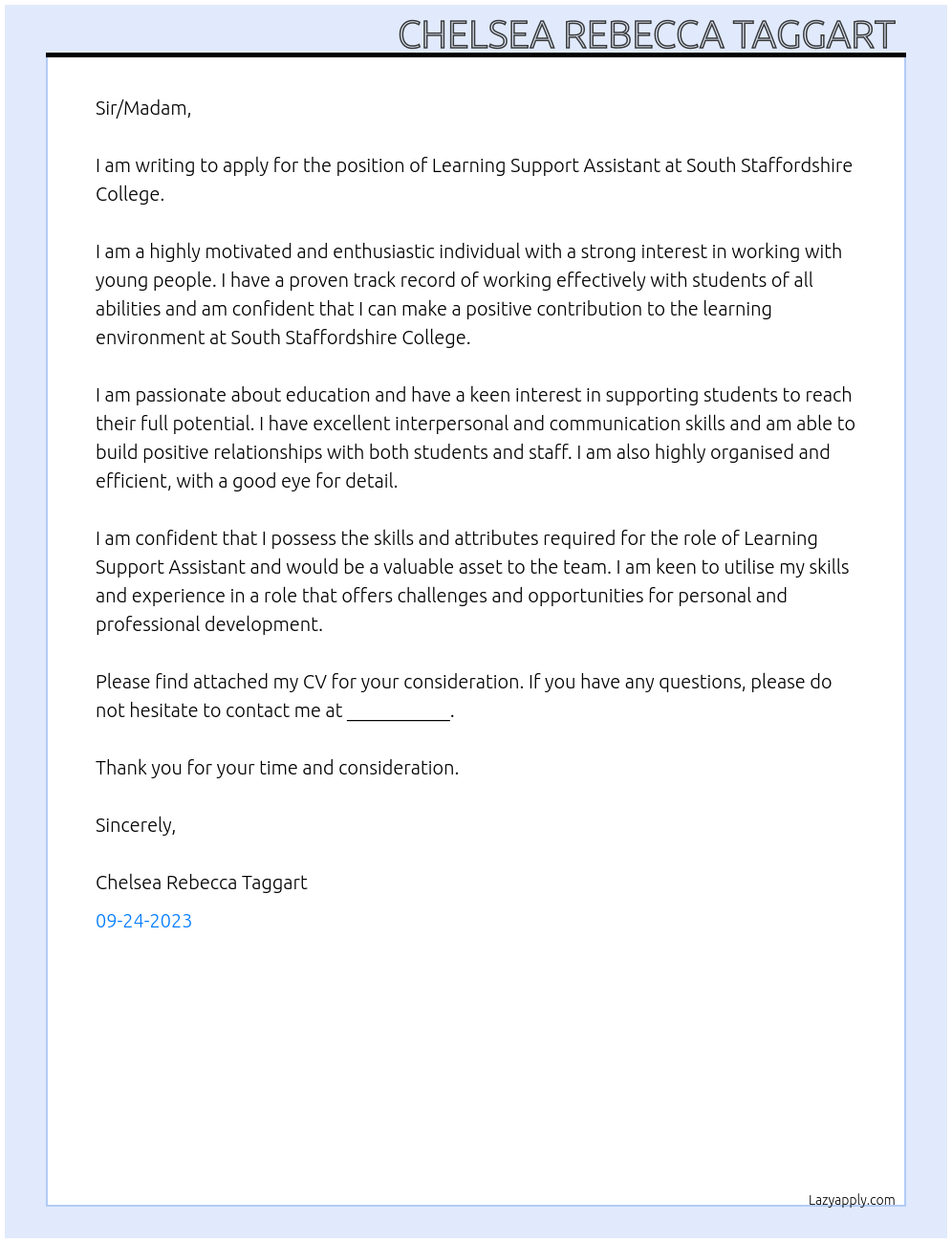 Learning support assistant At South Staffordshire college Cover Letter