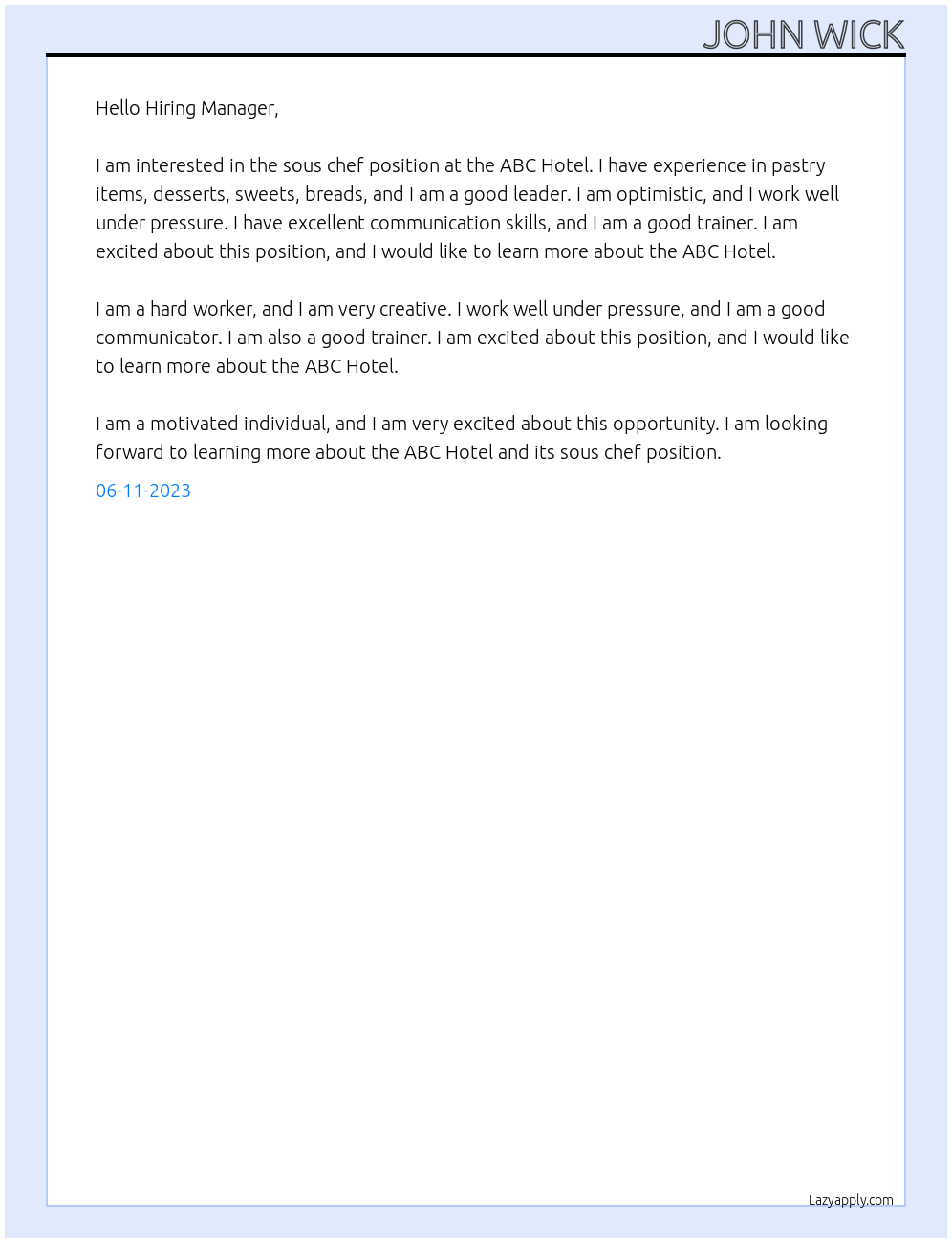 sous chef At abc hotel Cover Letter