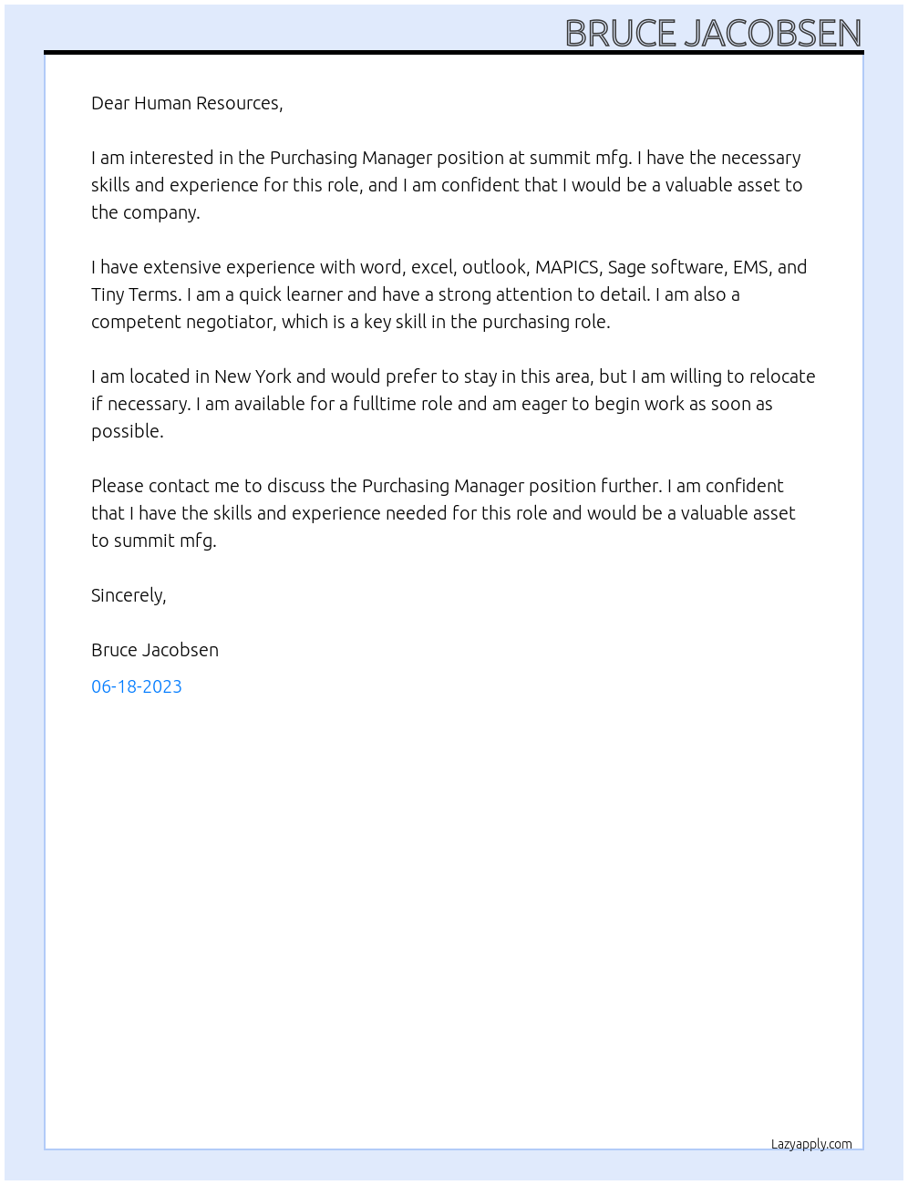 Purchasing Manager At summit mfg Cover Letter