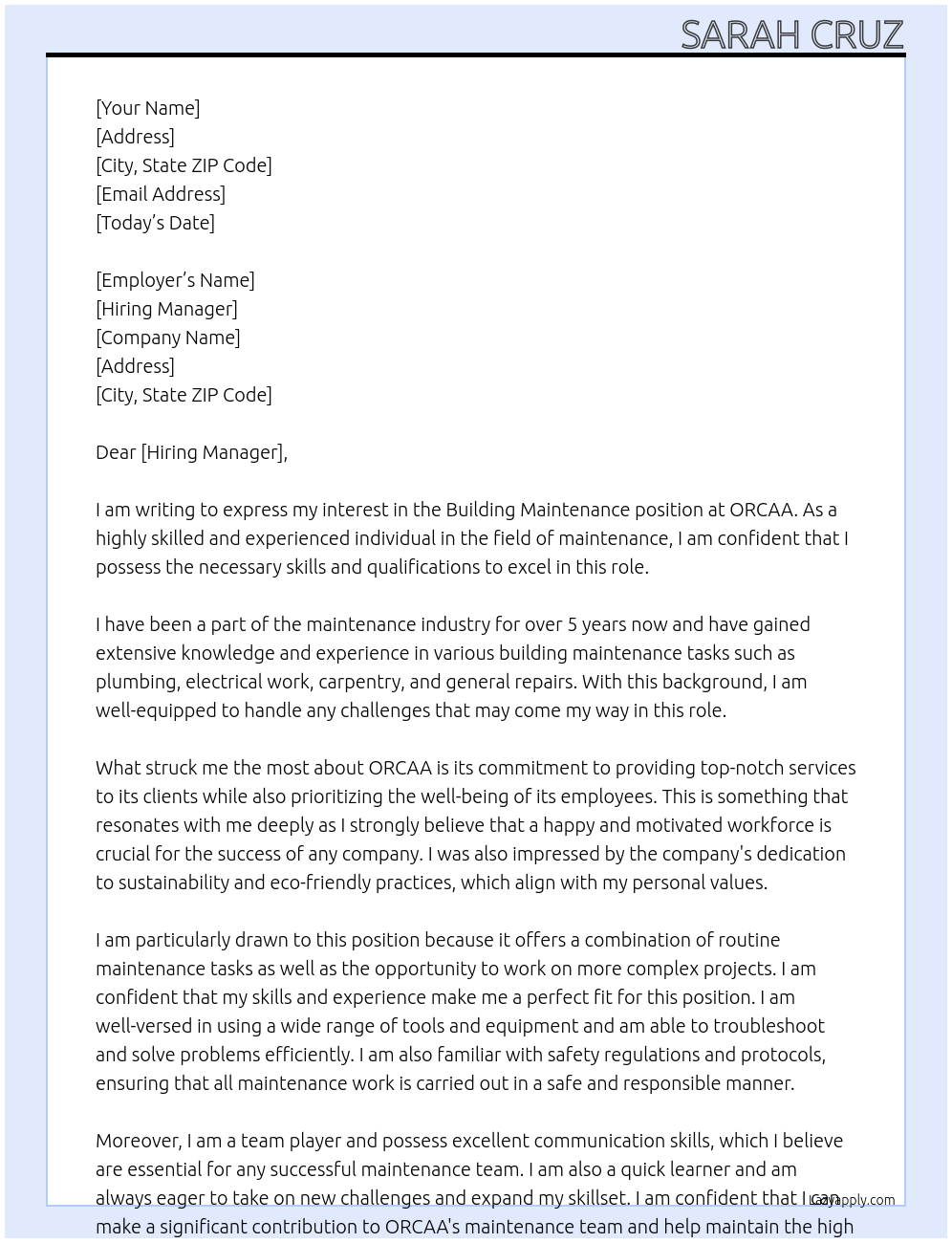 Building Maintenance  At ORCAA Cover Letter