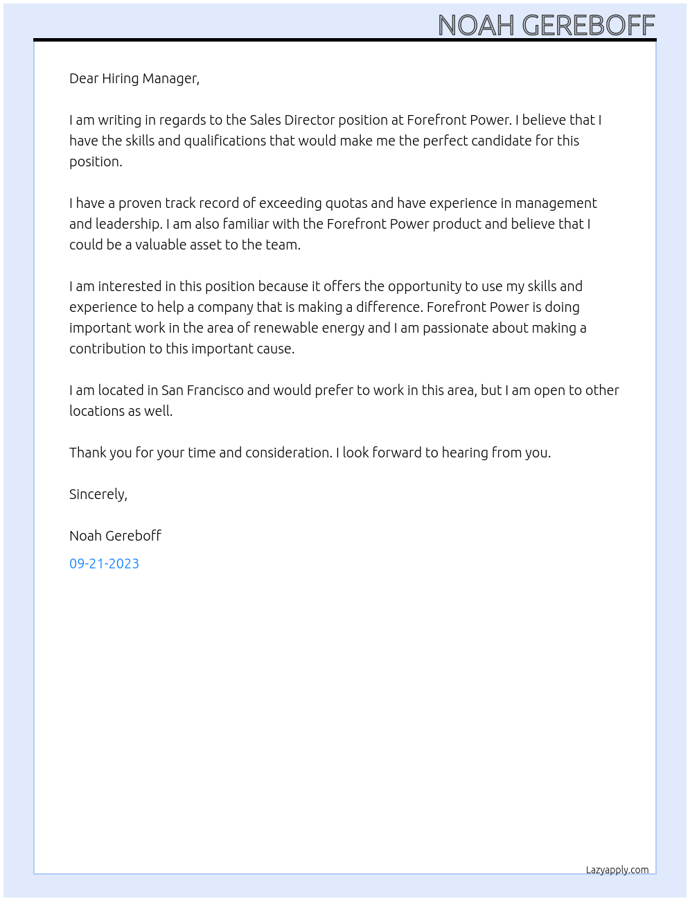 Sales Director At Forefront Power Cover Letter