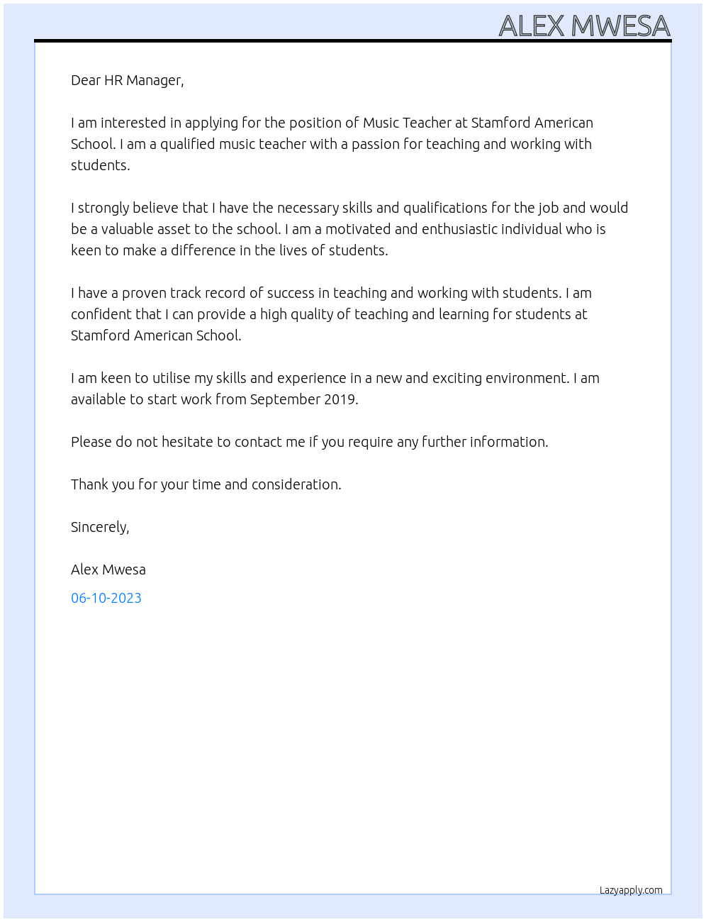 Music Teacher At Stamford American School Cover Letter