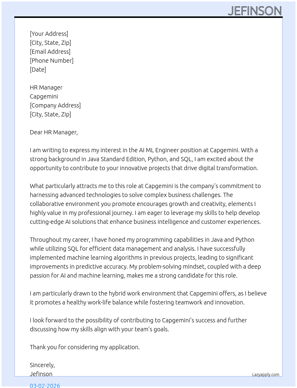 AI ML Engineer At Capgemini Cover Letter
