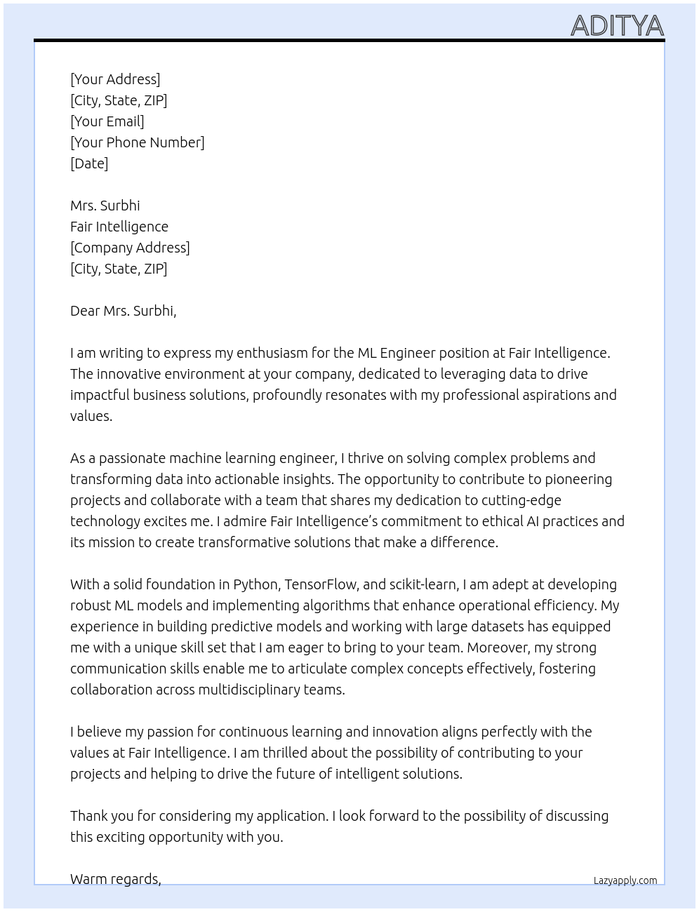 ML Engineer At Fair Intelligence Cover Letter
