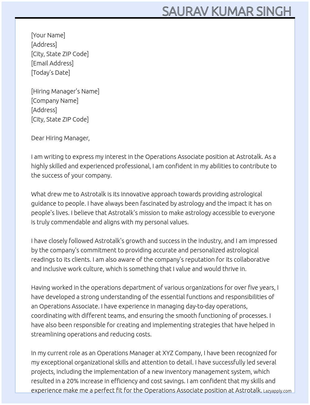 Operations Associate At Astrotalk Cover Letter