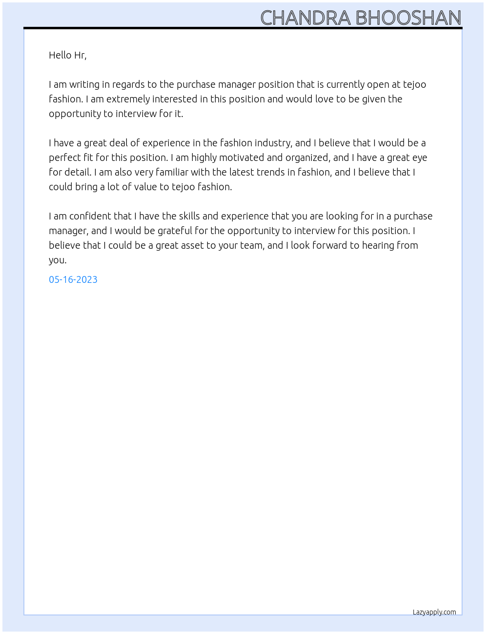 purchase manager At tejoo fashion Cover Letter
