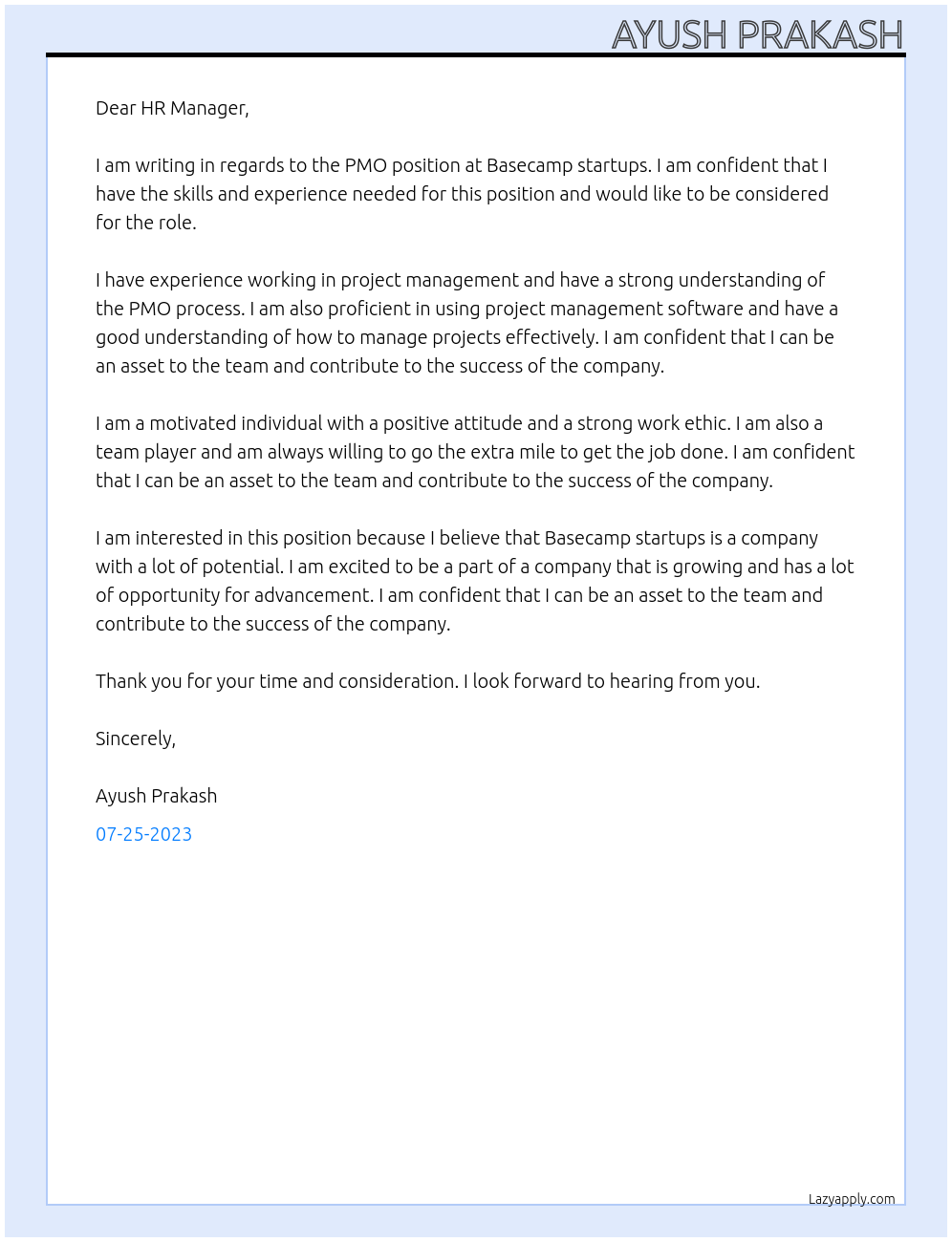 PMO At Basecamp startups Cover Letter