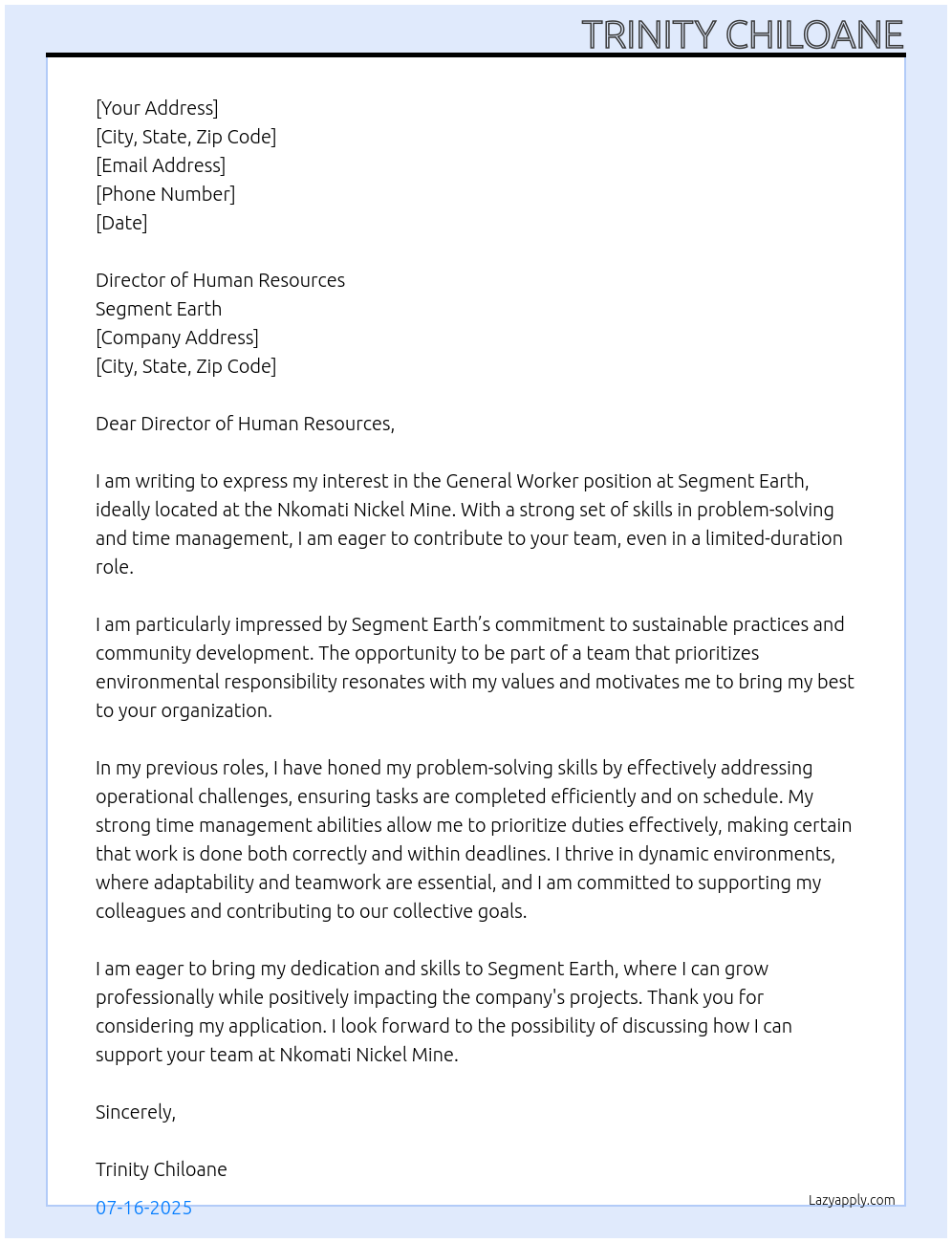 general worker At Segment earth Cover Letter