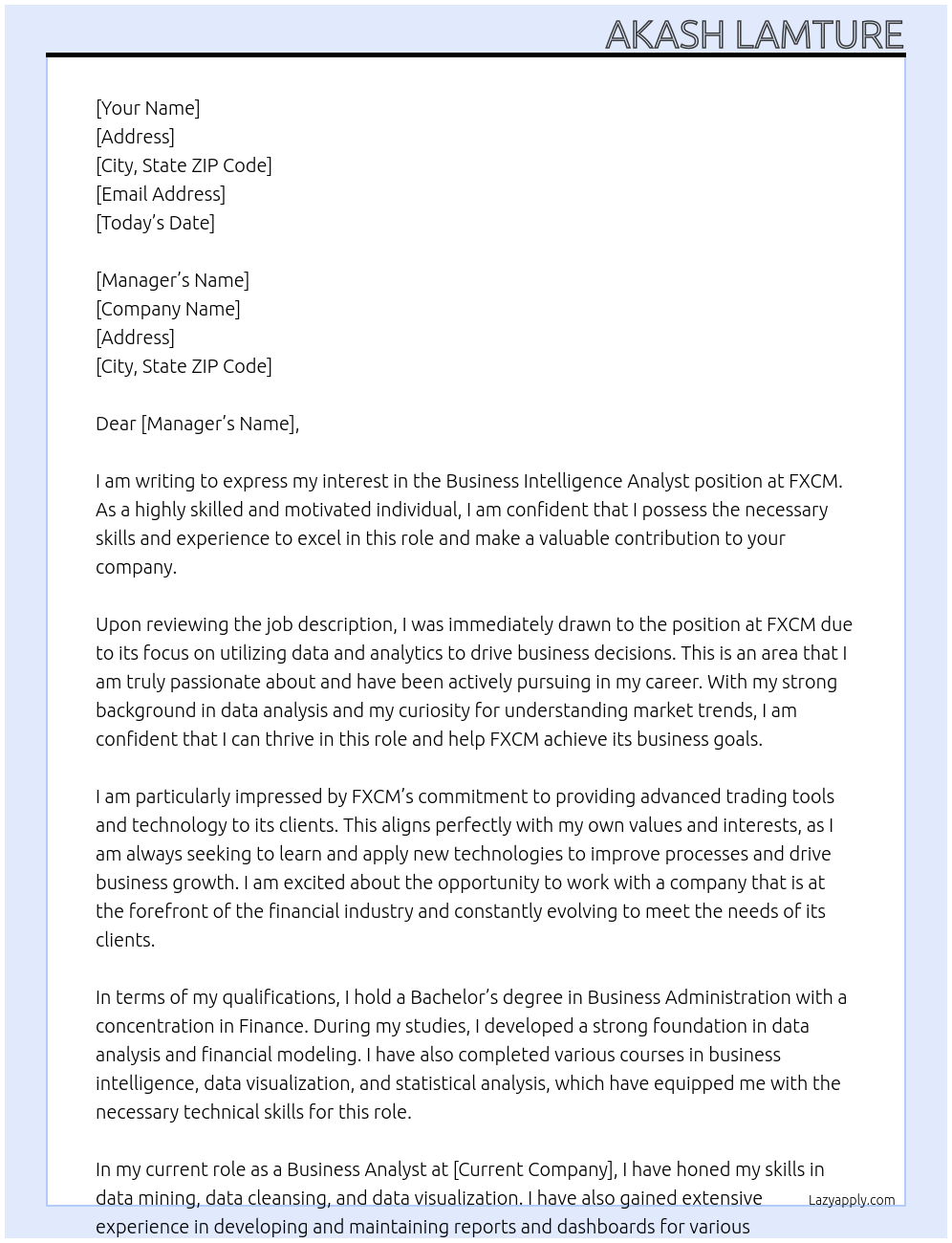 Business Intelligence Analyst At FXCM Cover Letter