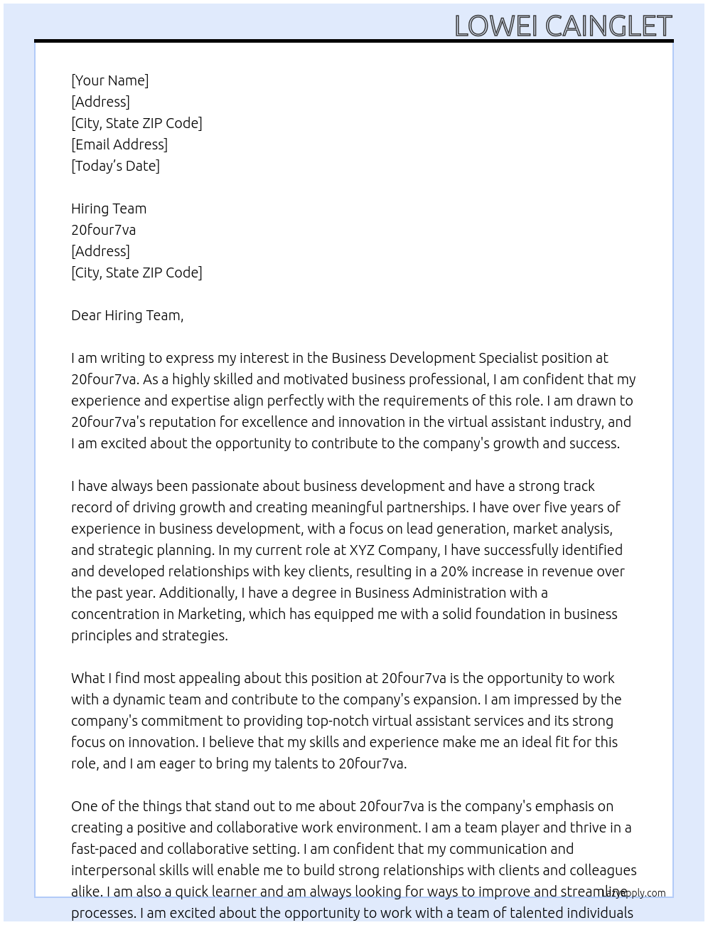 Business Development Speacialist At 20four7va Cover Letter