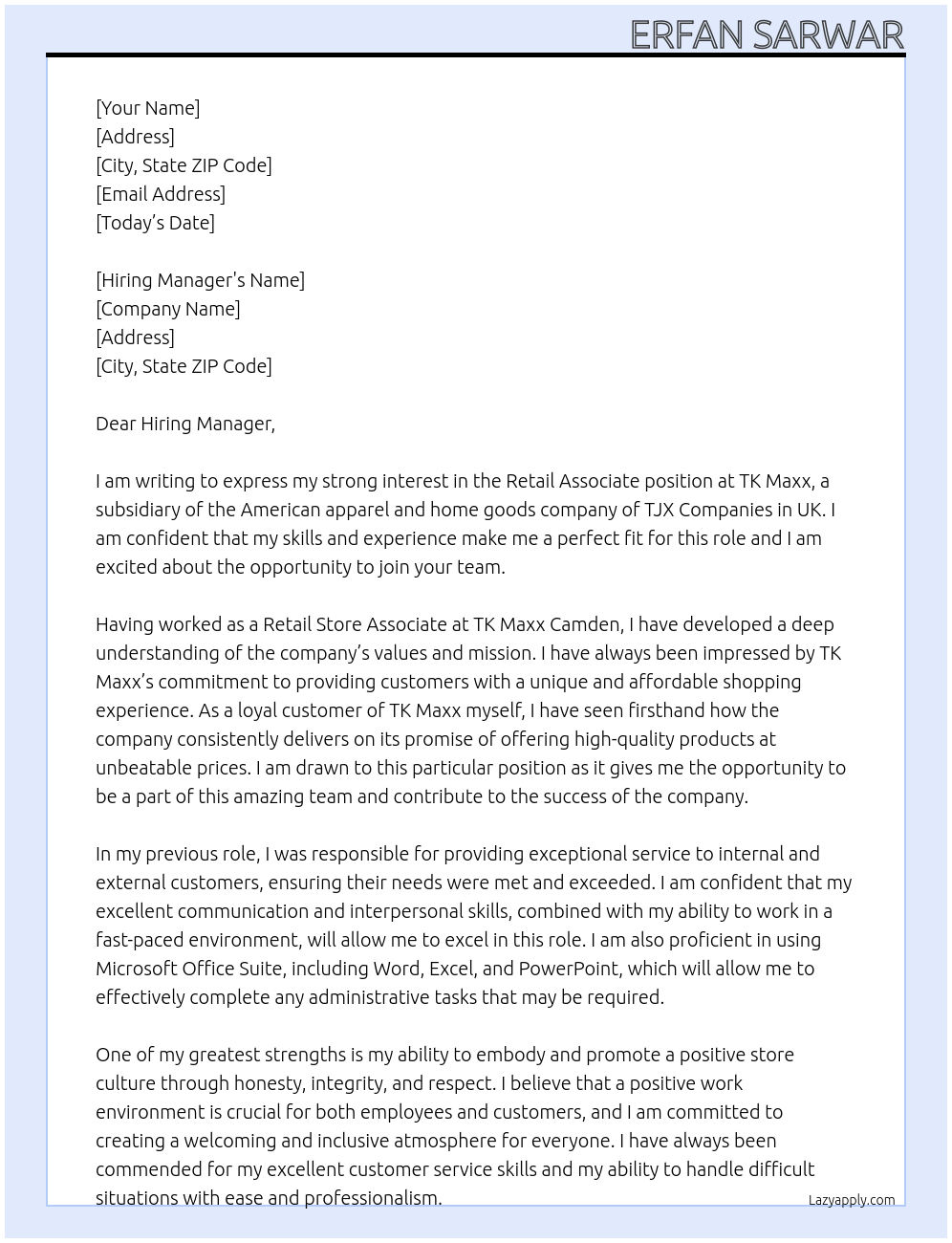 Retail Associate At TK Maxx - a subsidiary of the American apparel and home goods company of TJX Companies in UK Cover Letter