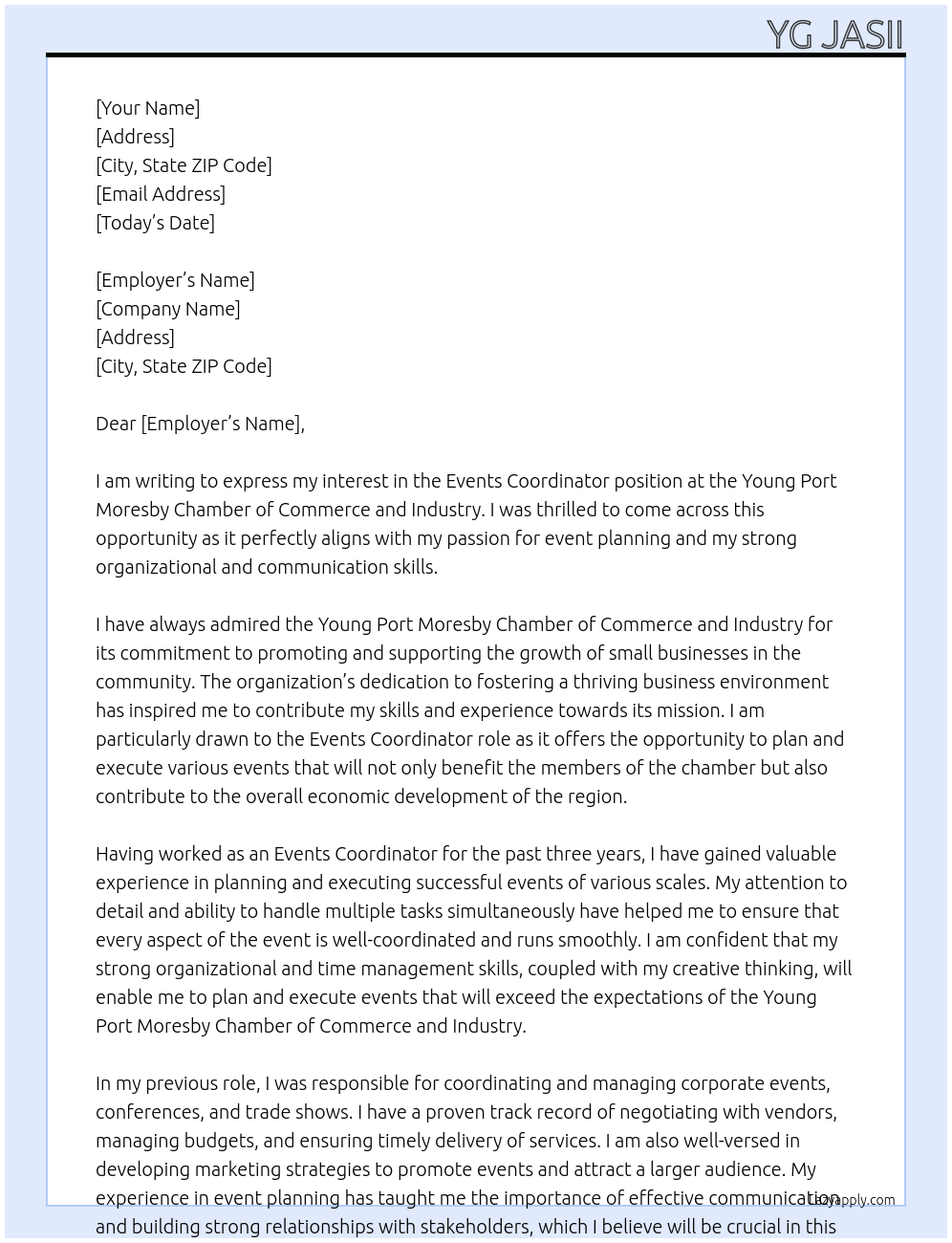 Events Coordinator At Young Port Moresby Chamber of Commerce and Industry Cover Letter