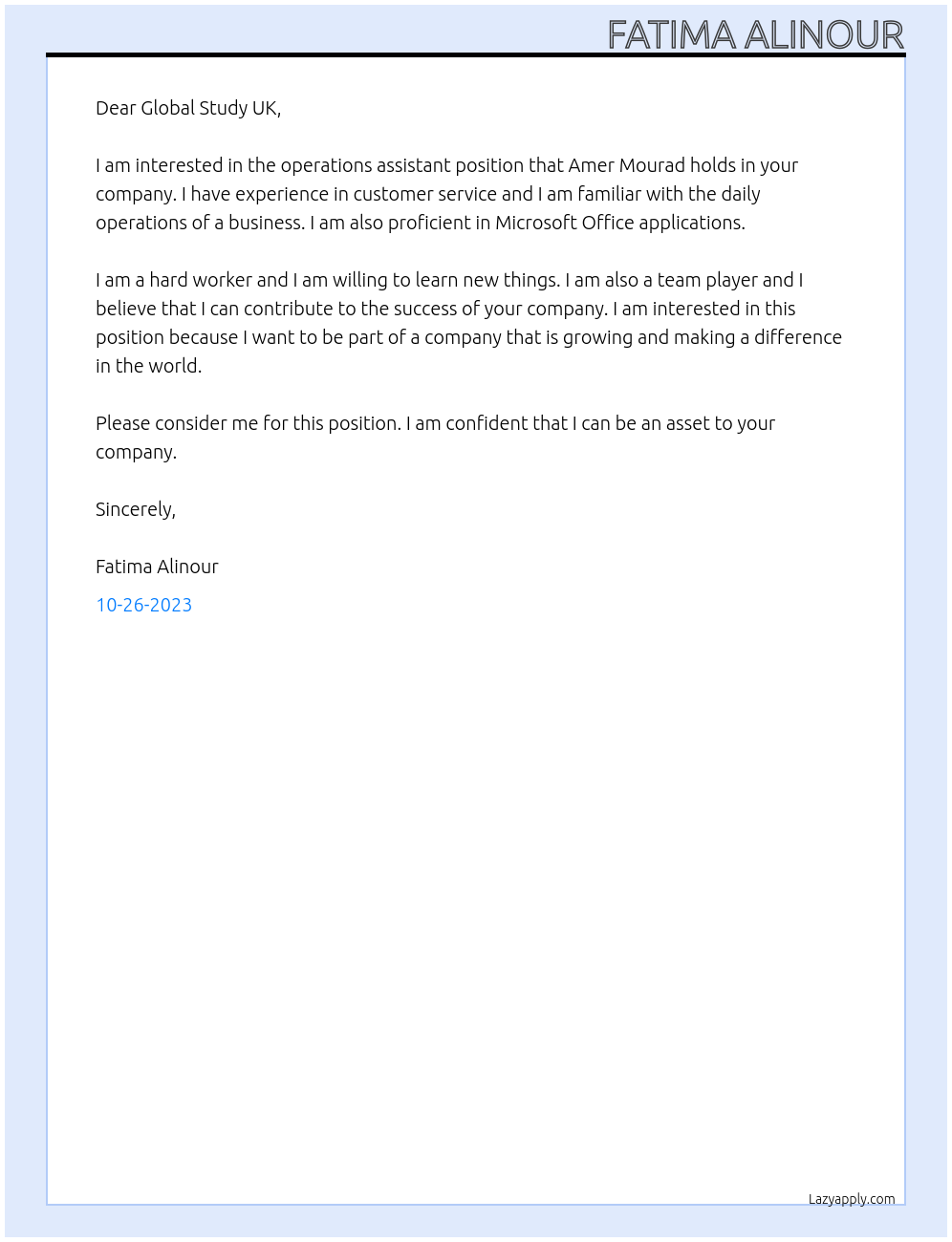 operations assistant  At Global Study UK Cover Letter