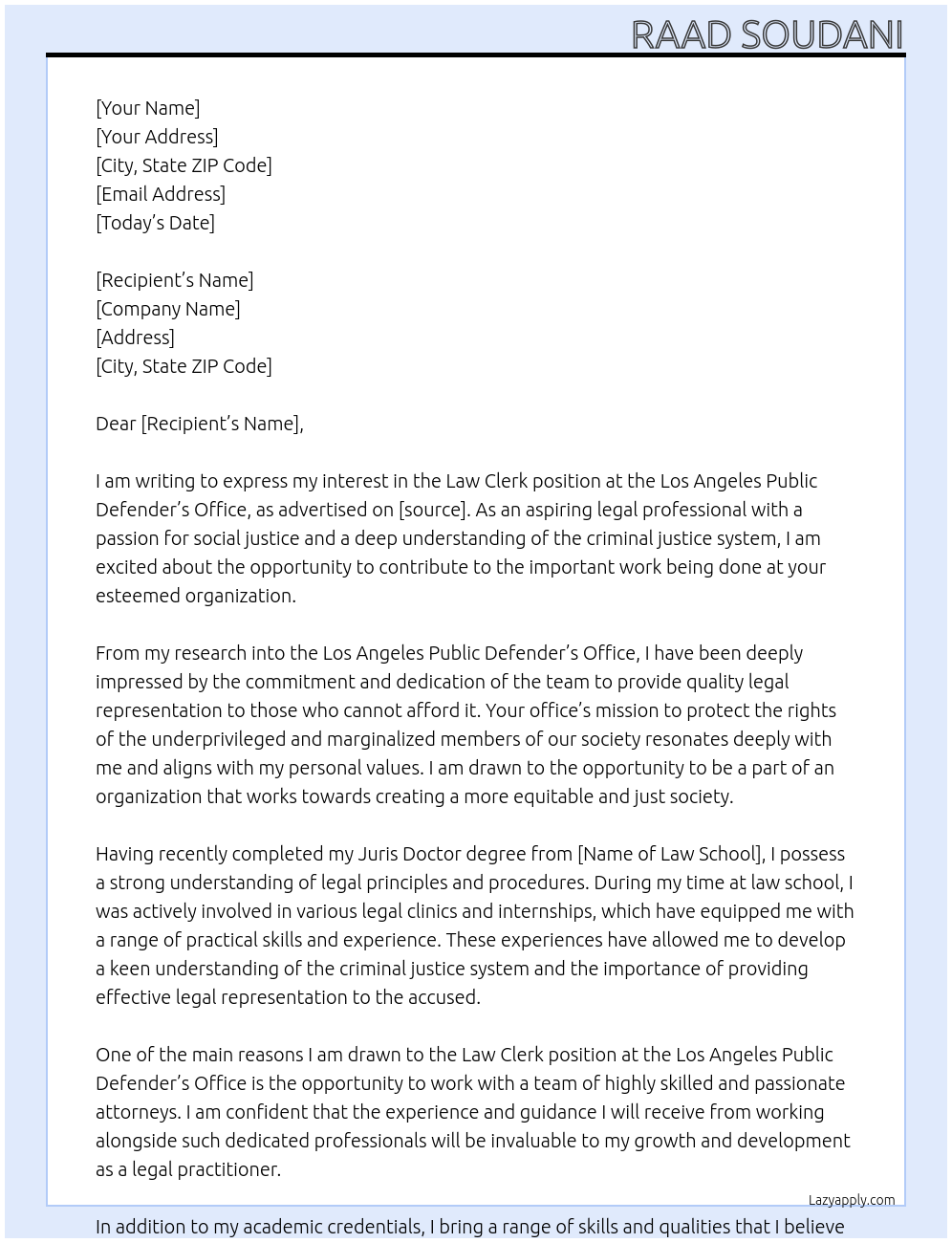 Law Clerk At Los angeles public defnder Cover Letter