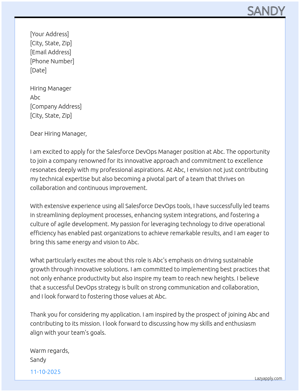 Salesforce devops manager At Abc Cover Letter