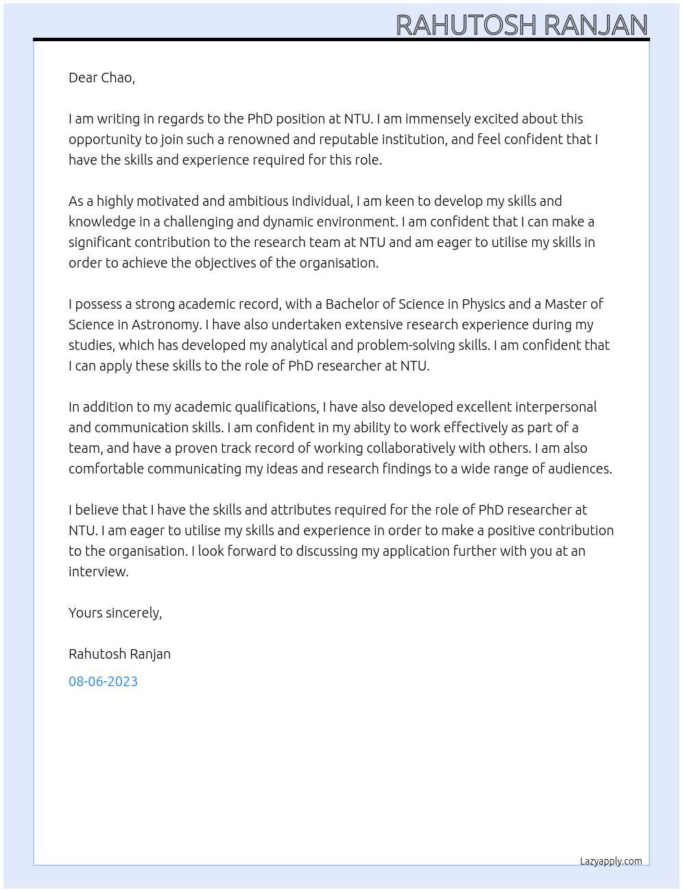 PhD At NTU Cover Letter