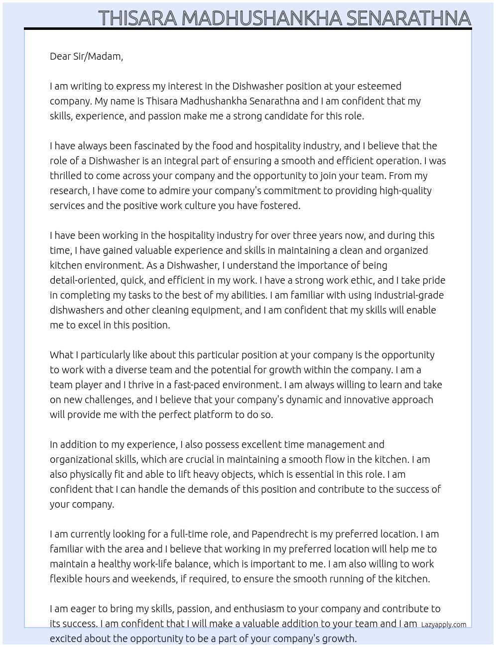 Dishwasher At indefinite Cover Letter