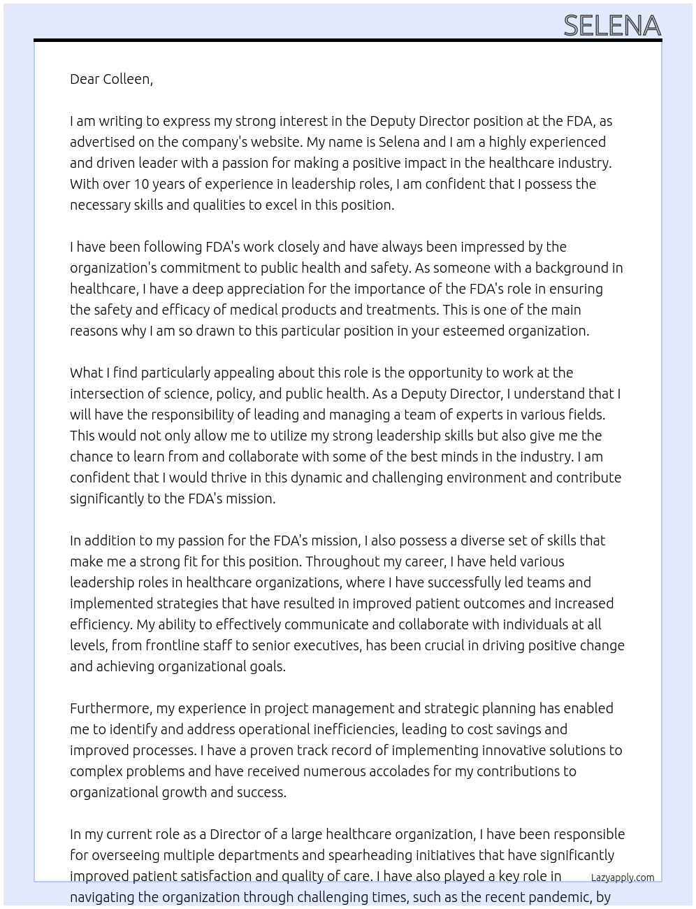 Deputy Directo At FDA Cover Letter