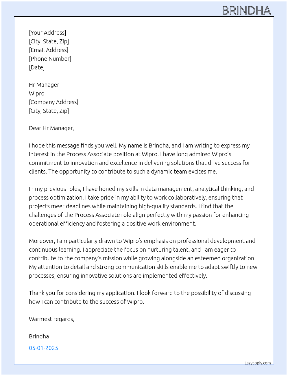 Process associated  At Wipro Cover Letter